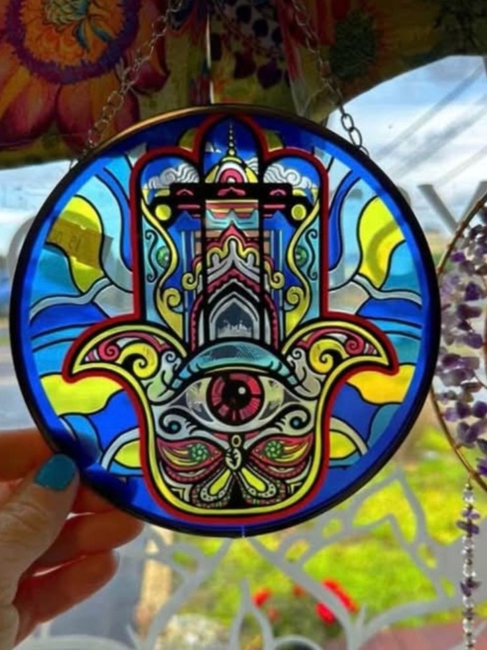 Handmade Blue Hamsa Stained Glass Suncatcher - Unbranded